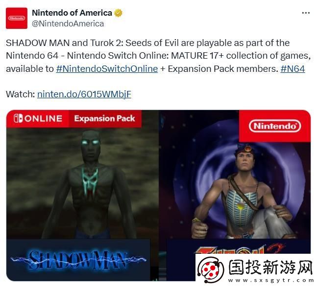 美服Switch-Online會員經典游戲庫新增兩款N64游戲：夜影俠和恐龍獵人2